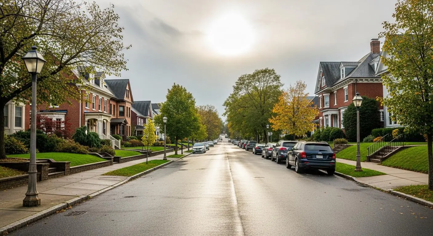 Tree-lined residential street with brick houses, showcasing a peaceful neighborhood setting for mid term rentals.